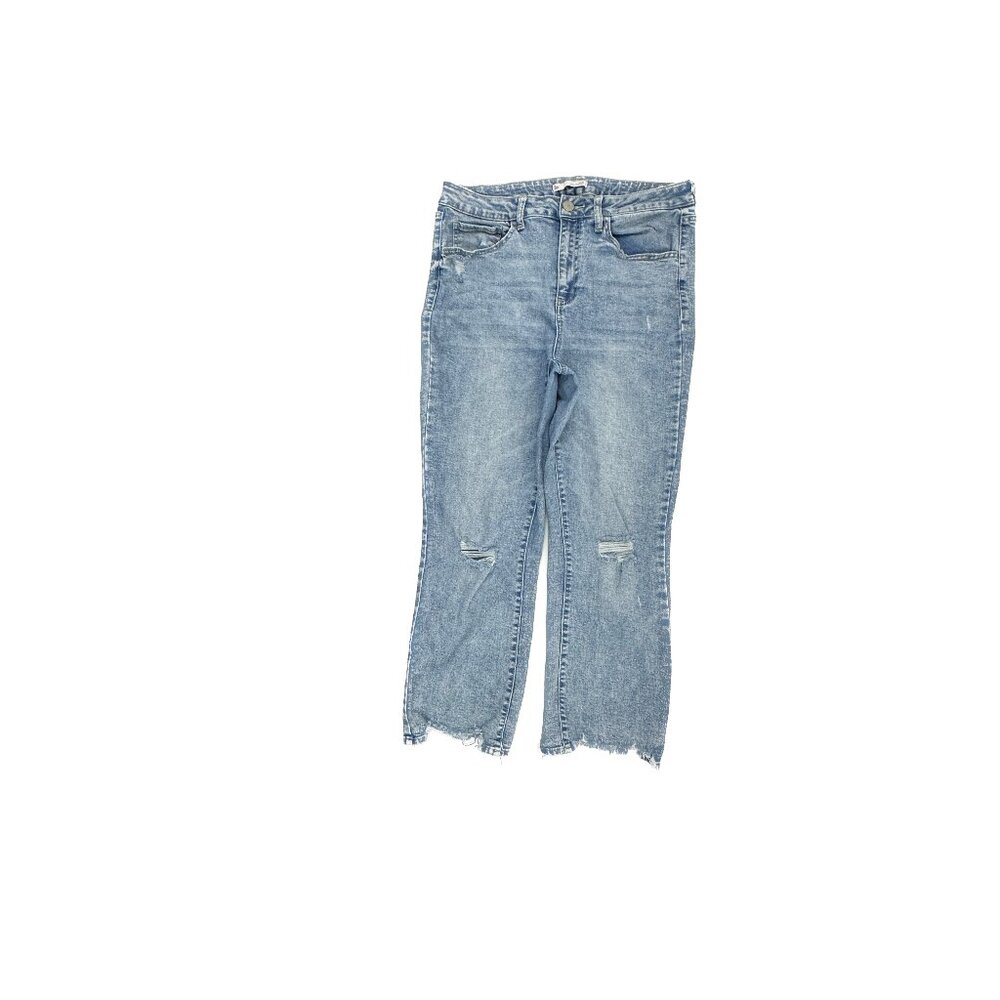 SO High Kick Cropped Distressed Raw Hem Women's size 15 Medium Blue Denim Jeans